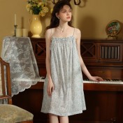 TCLN122100044 吊帶睡裙夏季新款薄款歐美印花度假風甜美居家棉短裙少女短款睡衣