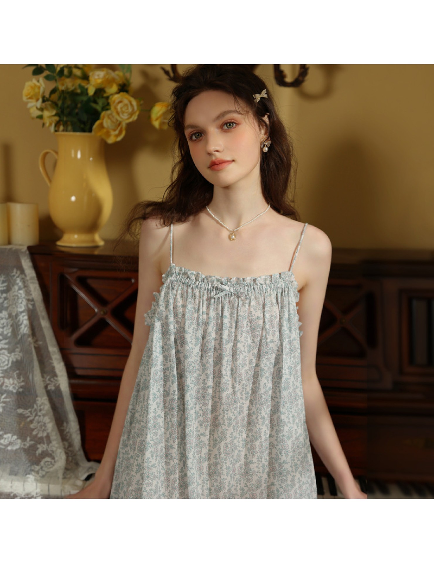 TCLN122100044 吊帶睡裙夏季新款薄款歐美印花度假風甜美居家棉短裙少女短款睡衣