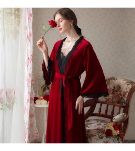 TCLN122100057 Red dressing gown female bride wedding pajamas sexy nightgown two-piece suit spring autumn winter bridesmaid velvet suspender nightgown