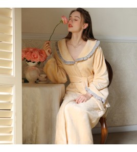 TCLN122100126 Nightgown for women autumn and winter plus velvet thickened long bathrobe French princess sweet girl home clothes extracurricular wear pajamas