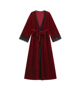 TCLN122100232 Autumn and winter nightdress and dressing gown sexy nightgown bride red long sleeve velvet thick sweet nightgown girl long style