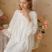 TCLN122100235 法式宮廷風九分袖睡裙女高級感大碼寬松復古方領甜美長款春秋睡衣