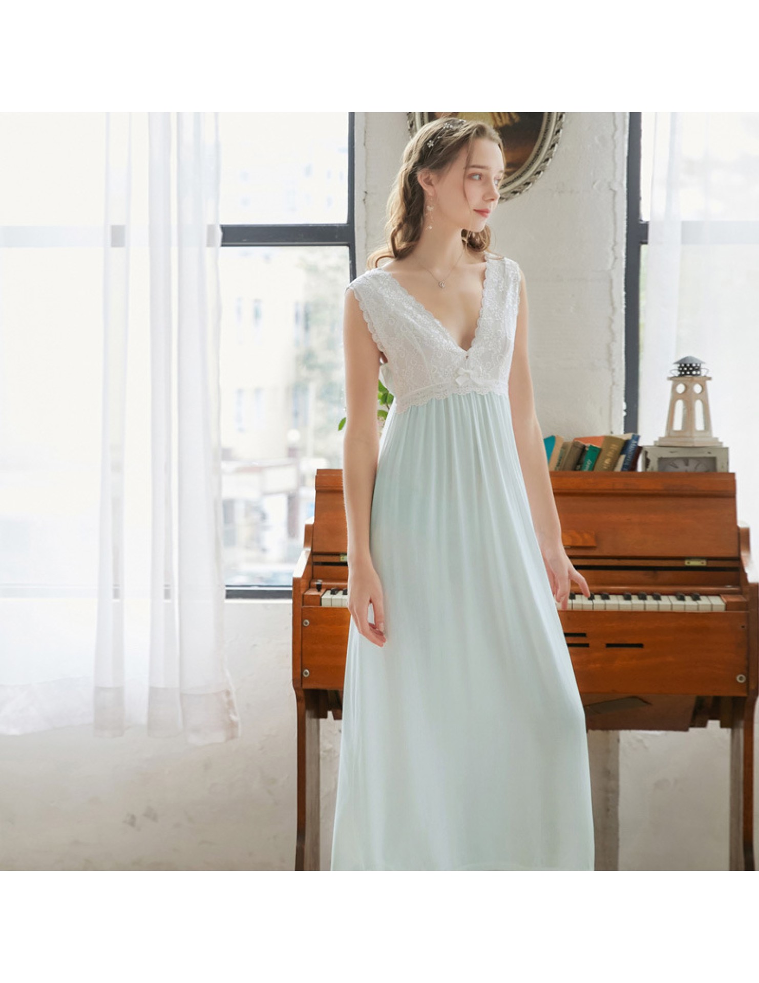 TCLN122100257 睡裙新品寬吊帶女夏公主V領復古性感蕾絲長款宮廷甜美睡衣家居