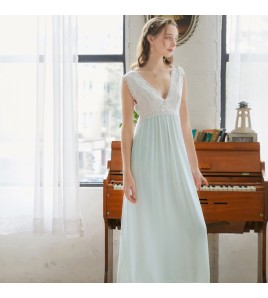 TCLN122100257 睡裙新品寬吊帶女夏公主V領復古性感蕾絲長款宮廷甜美睡衣家居