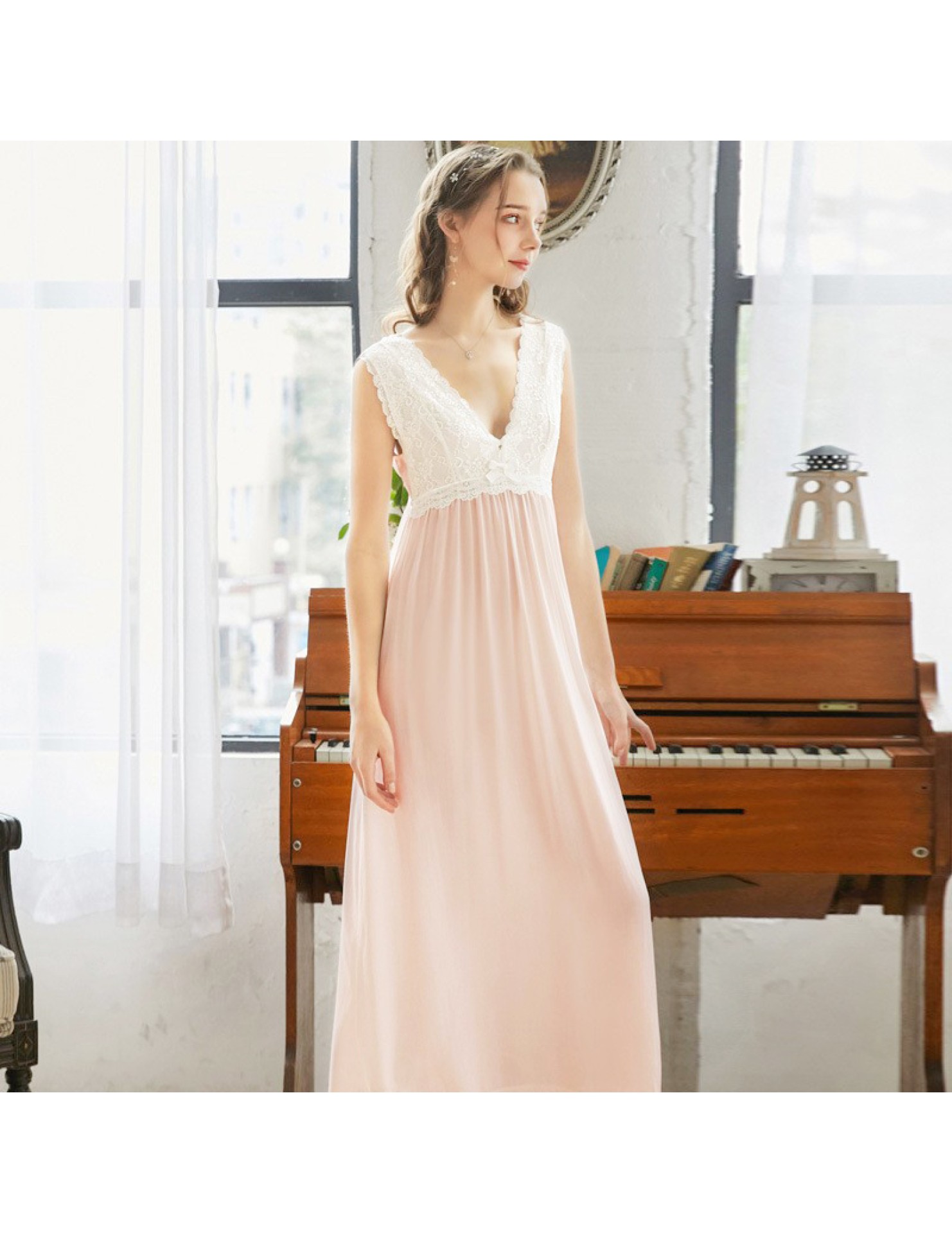 TCLN122100257 睡裙新品寬吊帶女夏公主V領復古性感蕾絲長款宮廷甜美睡衣家居