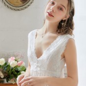 TCLN122100257 睡裙新品寬吊帶女夏公主V領復古性感蕾絲長款宮廷甜美睡衣家居