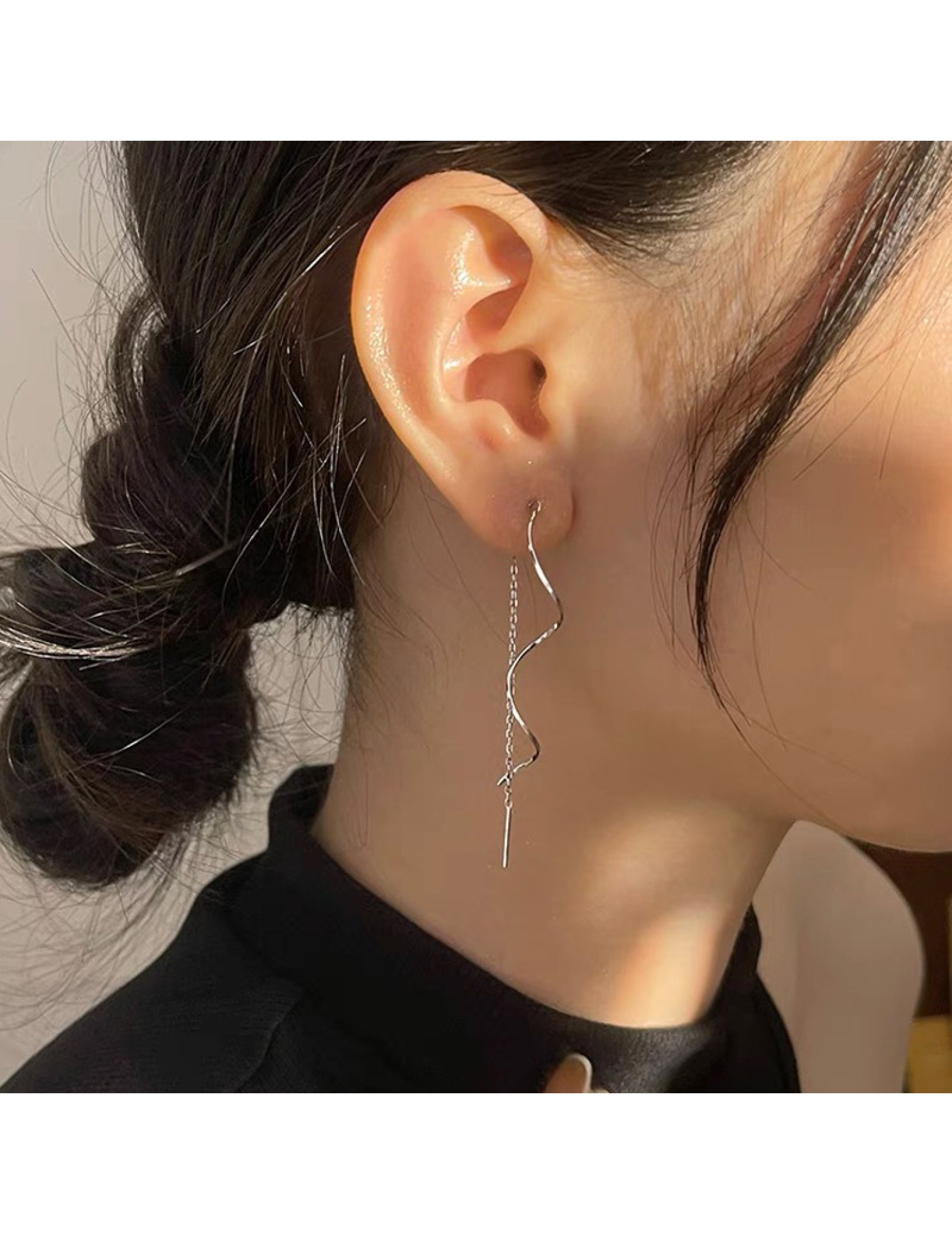 SATN122E100118 S925純銀簡約長款波浪流蘇耳線女百搭時尚氣質耳環小眾設計耳飾