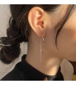SATN122E100118 S925純銀簡約長款波浪流蘇耳線女百搭時尚氣質耳環小眾設計耳飾