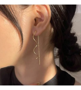 SATN122E100118 S925純銀簡約長款波浪流蘇耳線女百搭時尚氣質耳環小眾設計耳飾