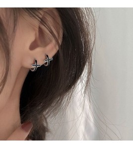 SATN122E100126 S925純銀黑色滴膠十字架耳環女精致個性冷淡風耳扣甜酷時尚潮耳圈
