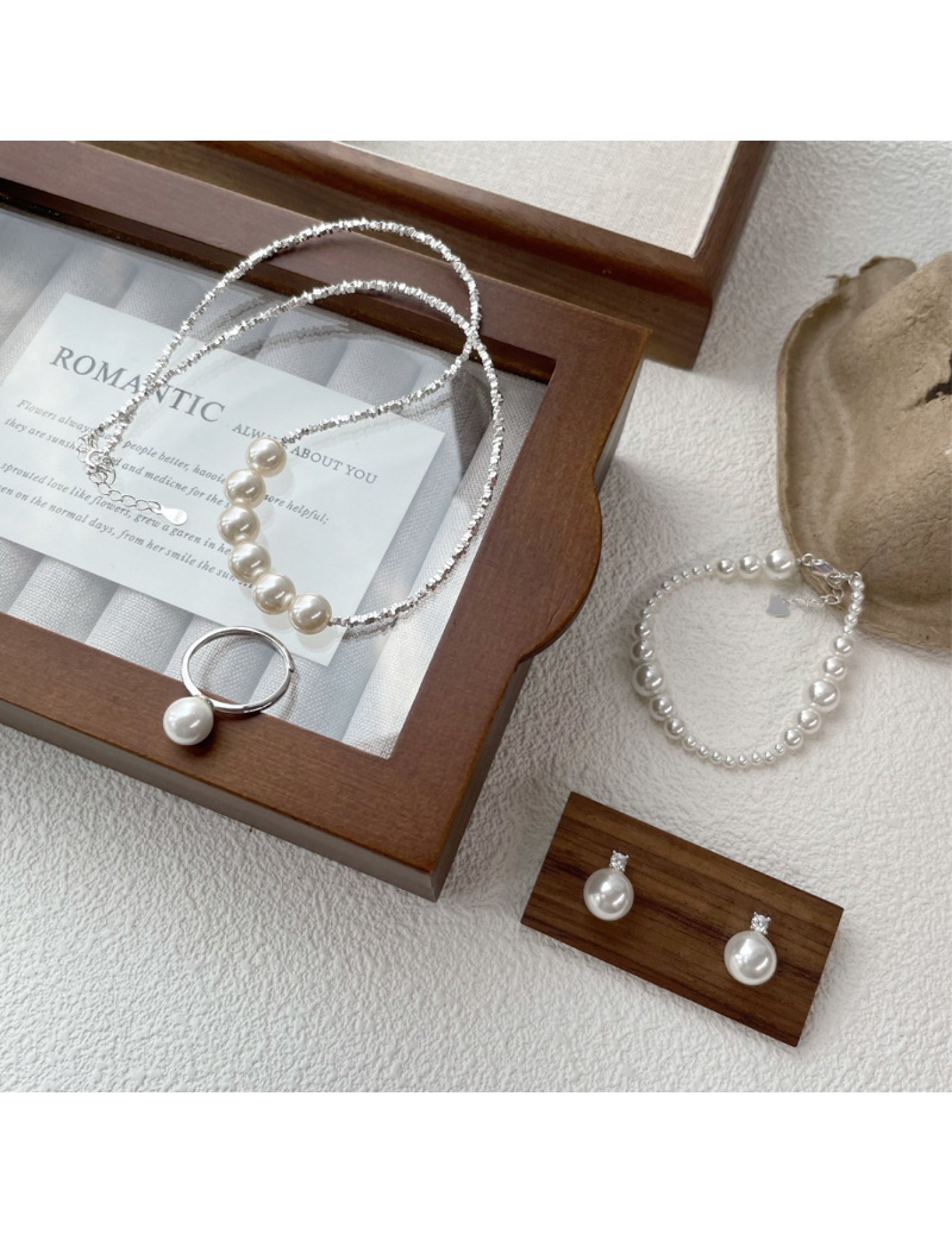 925純銀氣質輕奢珍珠飾品小眾設計時髦戒指耳釘項鏈手鏈組合套裝