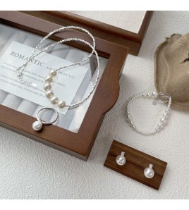 925純銀氣質輕奢珍珠飾品小眾設計時髦戒指耳釘項鏈手鏈組合套裝