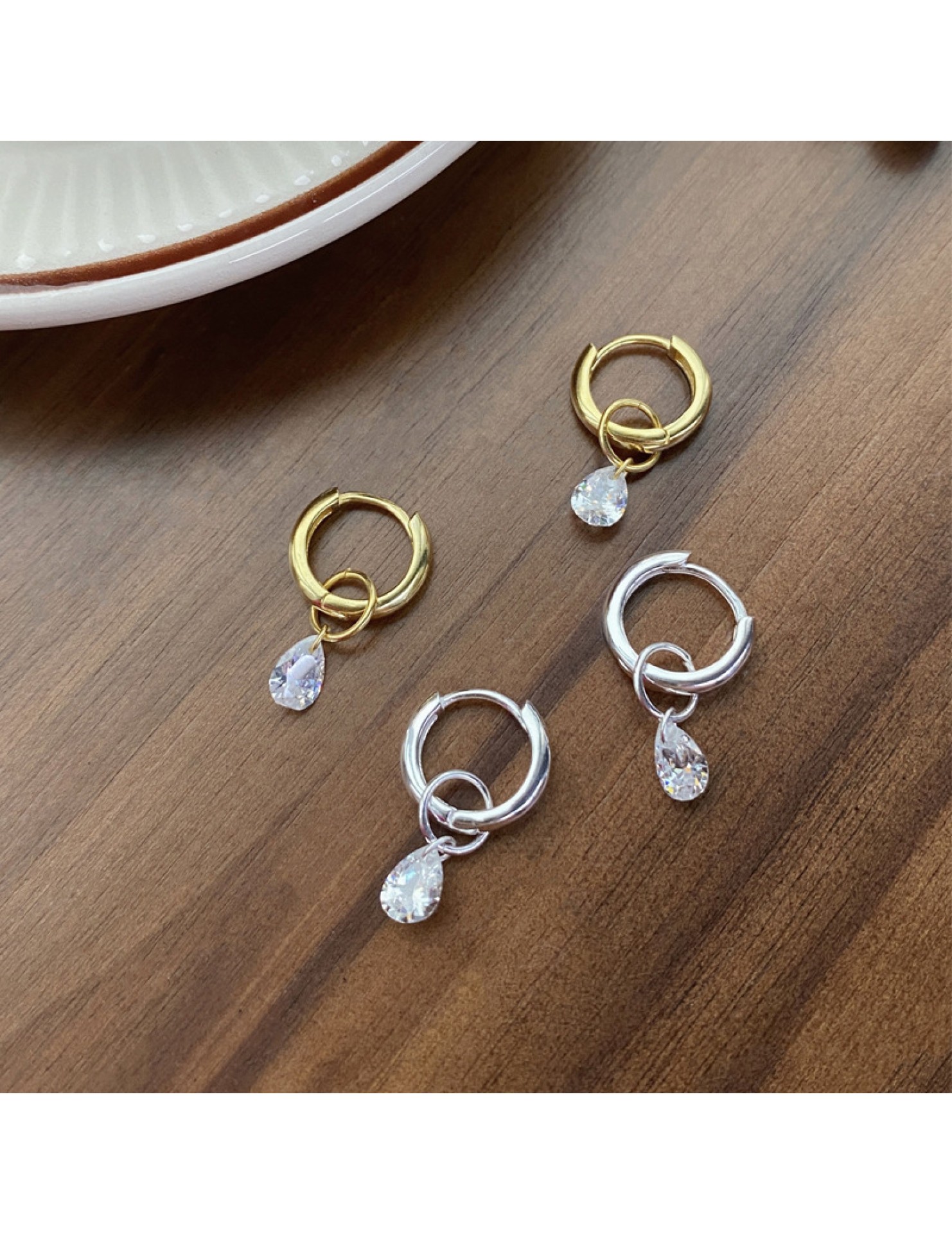 S925純銀簡約水滴鋯石圓圈耳環女冷淡風氣質時尚耳扣一款兩戴耳飾