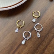 S925純銀簡約水滴鋯石圓圈耳環女冷淡風氣質時尚耳扣一款兩戴耳飾