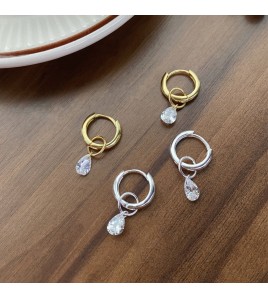 S925純銀簡約水滴鋯石圓圈耳環女冷淡風氣質時尚耳扣一款兩戴耳飾