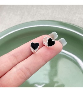 SATN122E100243 S925純銀雙面黑色滴油愛心耳扣女小眾輕奢耳環氣質百搭桃心耳飾品