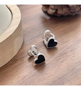 SATN122E100243 S925純銀雙面黑色滴油愛心耳扣女小眾輕奢耳環氣質百搭桃心耳飾品