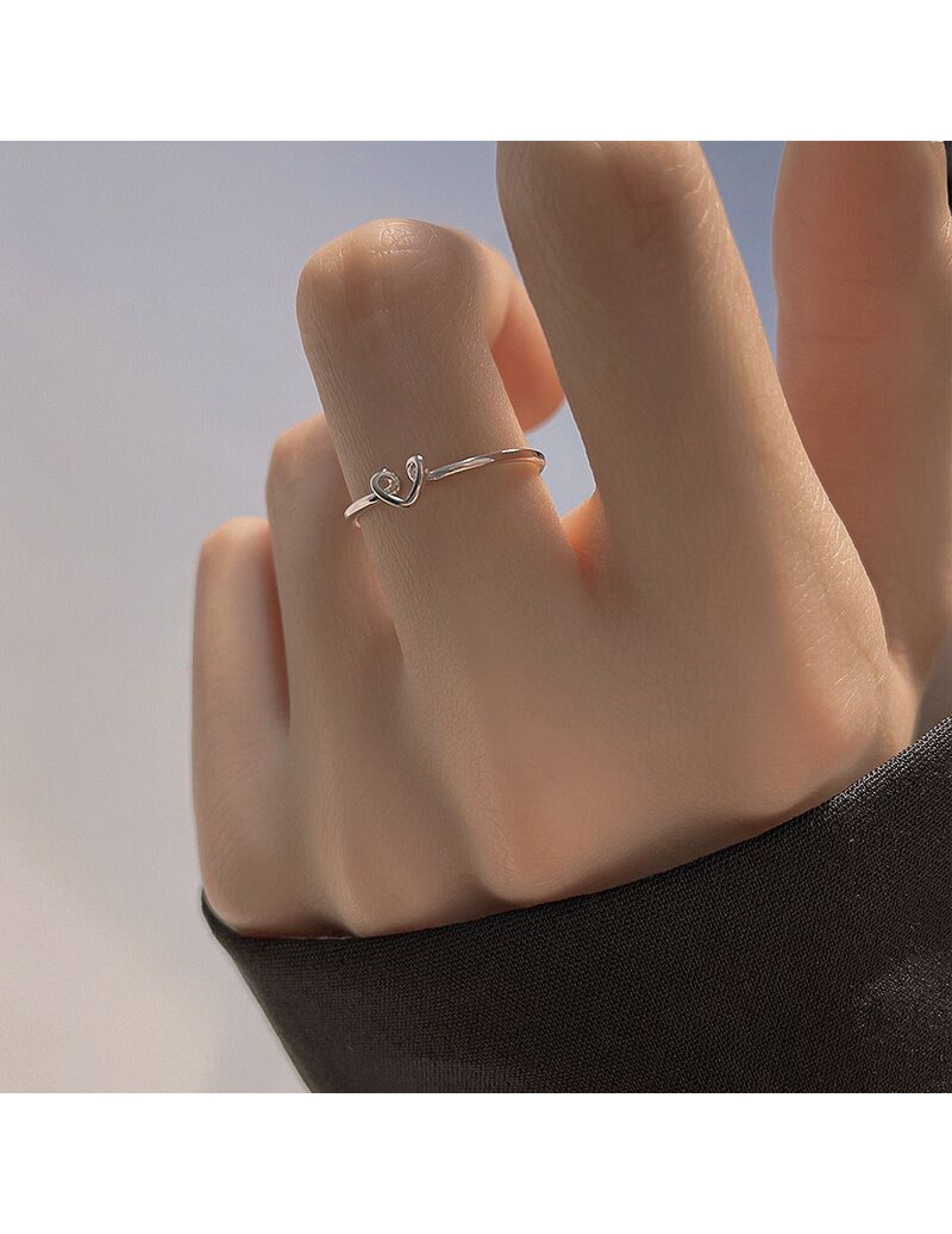 SATN122E100280 S925純銀簡約鏤空愛心戒指女素圈小眾設計輕奢開口食指戒氣質指環
