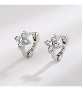 SATN122E100335 S925純銀花朵鋯石耳環女小眾設計簡約小巧圓圈耳扣小清新耳骨耳環