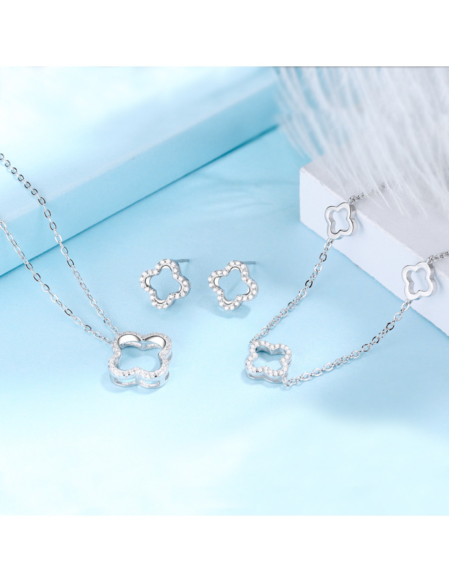 SATN122E100379 S925純銀女鑲鉆四葉幸運草項鏈套裝簡約潮鎖骨鏈學生閨蜜擺攤貨源