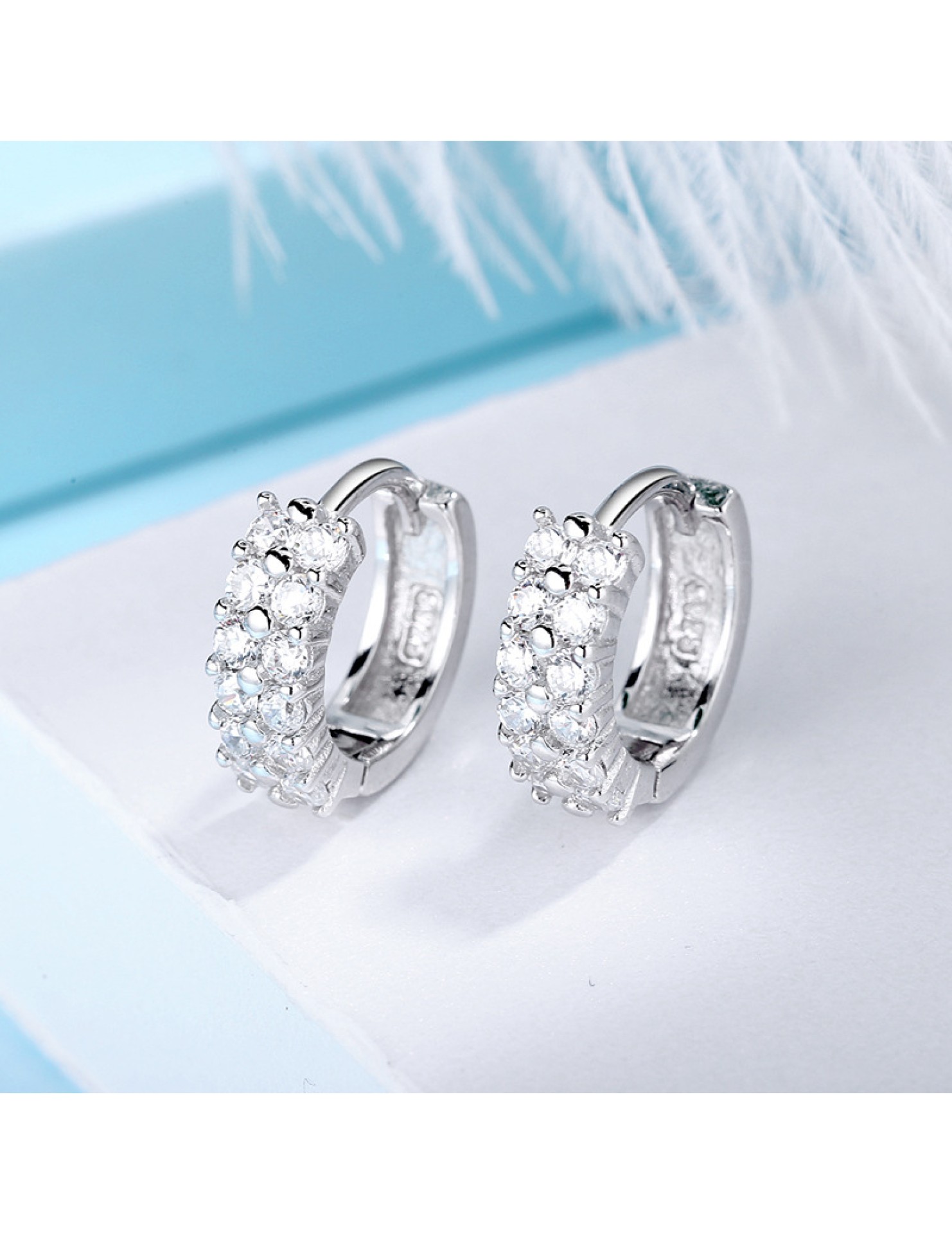 SATN122E100380 s925純銀女士雙排鉆耳扣簡約氣質鑲鉆耳環耳飾圓圈銀耳圈