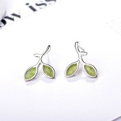 SATN122E100387 S925純銀嫩芽葉子耳釘時尚日韓版小清新森系樹葉耳環學生個性飾品