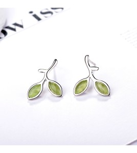 SATN122E100387 S925純銀嫩芽葉子耳釘時尚日韓版小清新森系樹葉耳環學生個性飾品