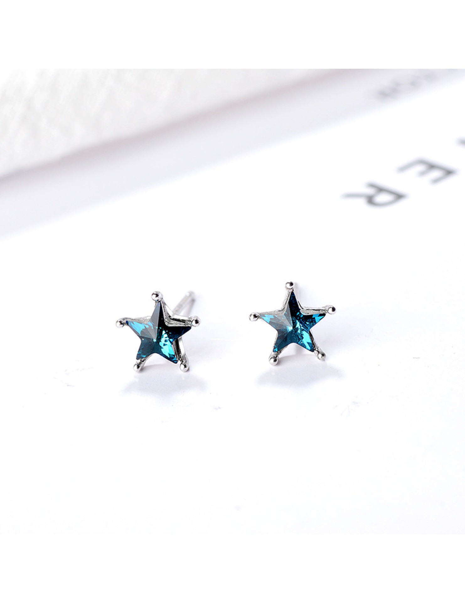 SATN122E100388 s925銀星星耳釘女時尚韓版甜美五角星藍鉆耳釘氣質耳飾品代發