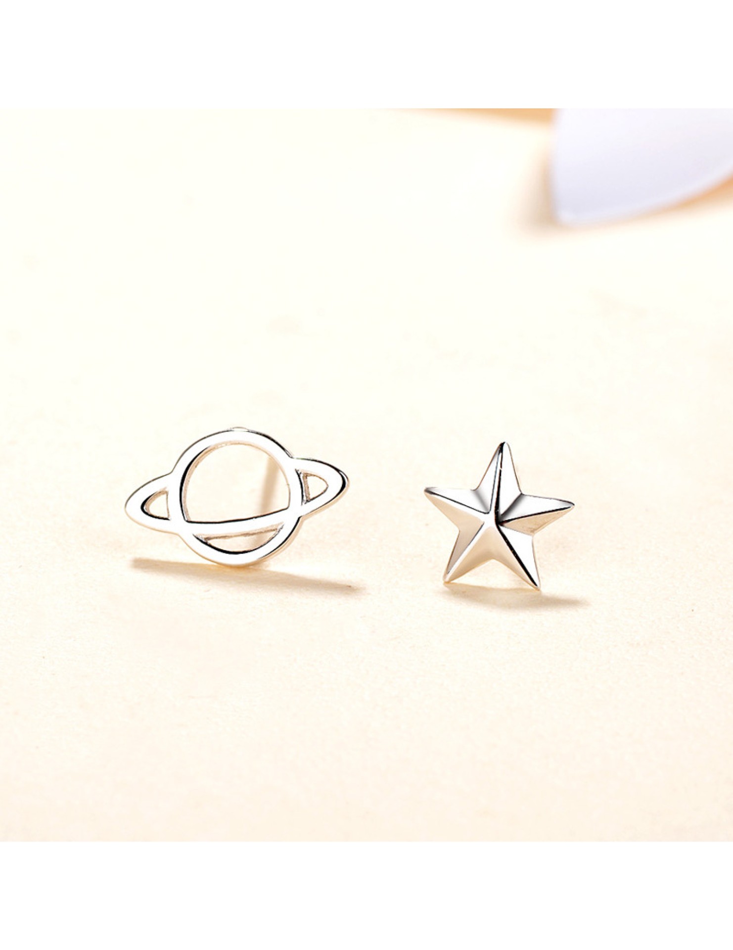 SATN122E100393 S925純銀星球星星地球耳釘創意不對稱耳飾日韓學生簡約耳釘