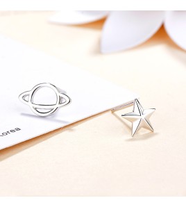 SATN122E100393 S925純銀星球星星地球耳釘創意不對稱耳飾日韓學生簡約耳釘