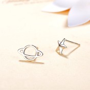 SATN122E100393 S925純銀星球星星地球耳釘創意不對稱耳飾日韓學生簡約耳釘