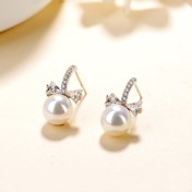 SATN122E100395 S925純銀女生簡約貝珠蝴蝶結珍珠耳釘韓版氣質甜美耳飾代發