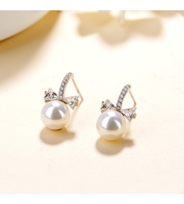 SATN122E100395 S925純銀女生簡約貝珠蝴蝶結珍珠耳釘韓版氣質甜美耳飾代發