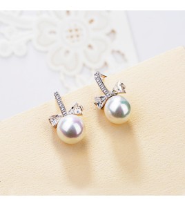 SATN122E100395 S925純銀女生簡約貝珠蝴蝶結珍珠耳釘韓版氣質甜美耳飾代發
