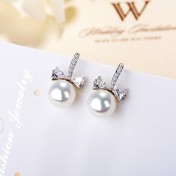 SATN122E100395 S925純銀女生簡約貝珠蝴蝶結珍珠耳釘韓版氣質甜美耳飾代發
