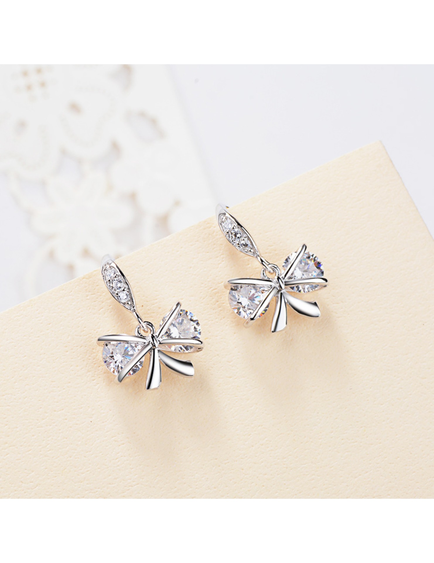 SATN122E100396 S925純銀時尚蝴蝶結鑲鉆耳釘耳飾女日韓甜美耳墜耳環