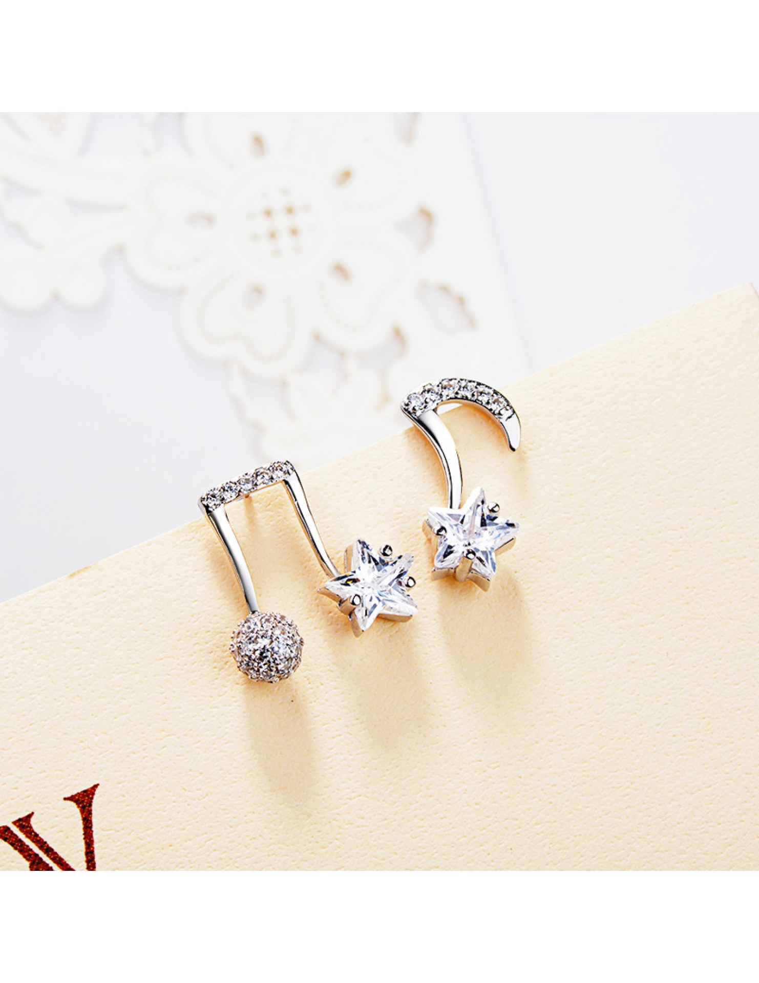 SATN122E100397 S925純銀韓版百搭甜美音符耳釘女氣質個性耳墜百搭耳飾不對稱耳環