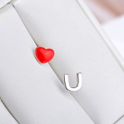 SATN122E100407 S925純銀愛心不對稱字母耳釘女紅色滴釉小巧耳環簡約甜美氣質耳飾