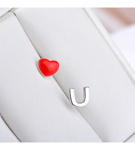 SATN122E100407 S925純銀愛心不對稱字母耳釘女紅色滴釉小巧耳環簡約甜美氣質耳飾