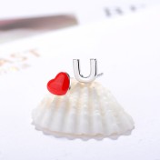 SATN122E100407 S925純銀愛心不對稱字母耳釘女紅色滴釉小巧耳環簡約甜美氣質耳飾