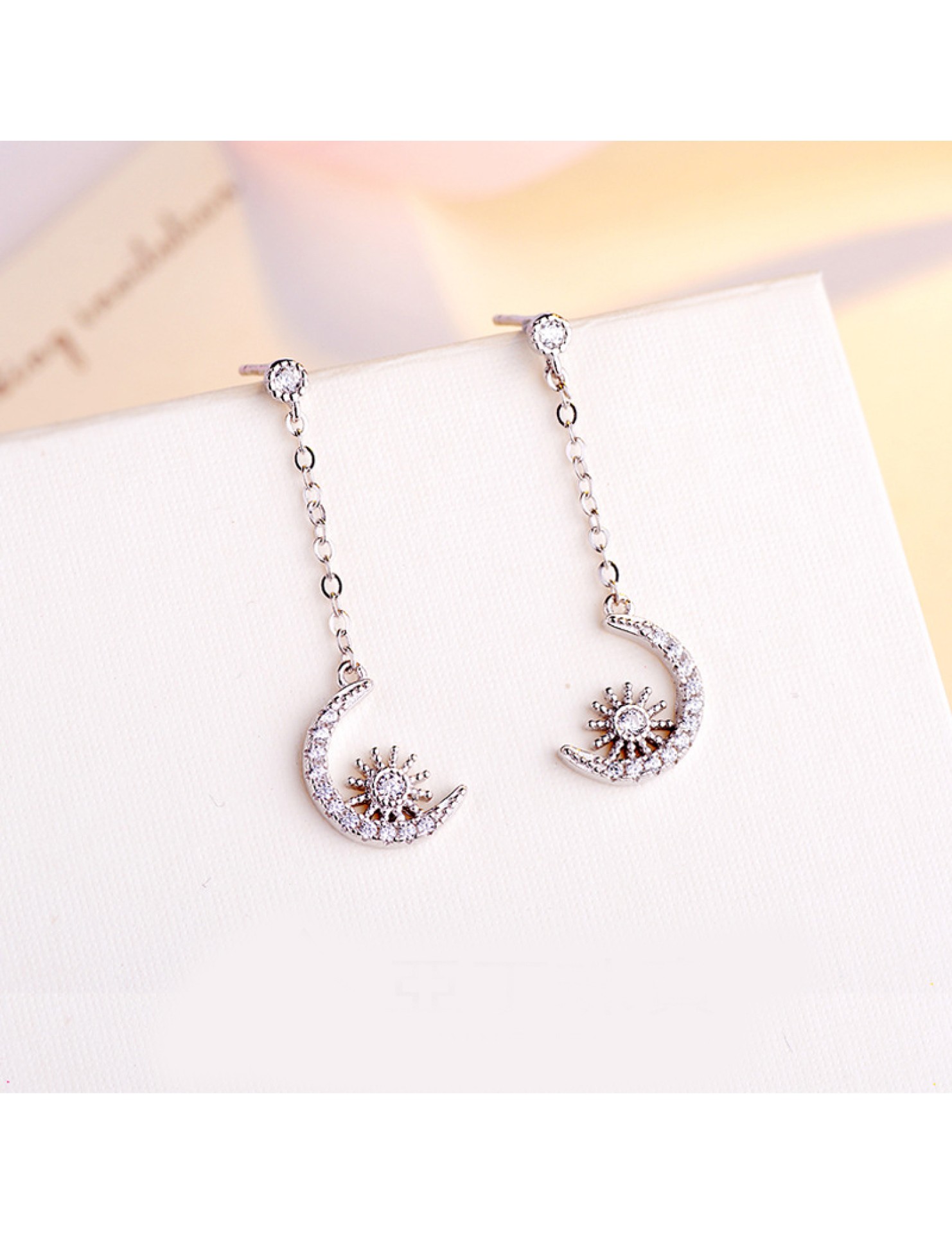 SATN122E100415 韓版S925純銀女生簡約耳釘氣質百搭鑲鉆月亮耳流蘇耳線時尚耳飾品