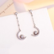 SATN122E100415 韓版S925純銀女生簡約耳釘氣質百搭鑲鉆月亮耳流蘇耳線時尚耳飾品