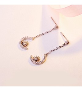 SATN122E100415 韓版S925純銀女生簡約耳釘氣質百搭鑲鉆月亮耳流蘇耳線時尚耳飾品