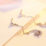 SATN122E100415 韓版S925純銀女生簡約耳釘氣質百搭鑲鉆月亮耳流蘇耳線時尚耳飾品