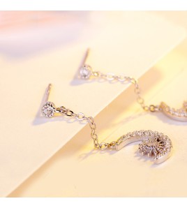 SATN122E100415 韓版S925純銀女生簡約耳釘氣質百搭鑲鉆月亮耳流蘇耳線時尚耳飾品