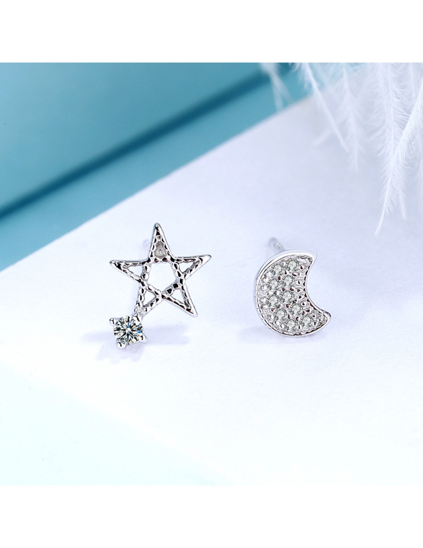 SATN122E100419 S925純銀韓版星月耳釘女輕奢小眾氣質不對稱耳環時尚通勤百搭耳飾