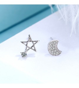 SATN122E100419 S925純銀韓版星月耳釘女輕奢小眾氣質不對稱耳環時尚通勤百搭耳飾