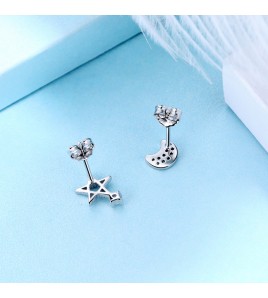 SATN122E100419 S925純銀韓版星月耳釘女輕奢小眾氣質不對稱耳環時尚通勤百搭耳飾