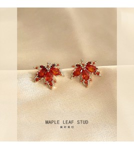 HELN124100013 【楓葉】微鑲鋯石~紅色楓葉耳釘女925銀針鍍14K小眾個性耳飾 耳環
