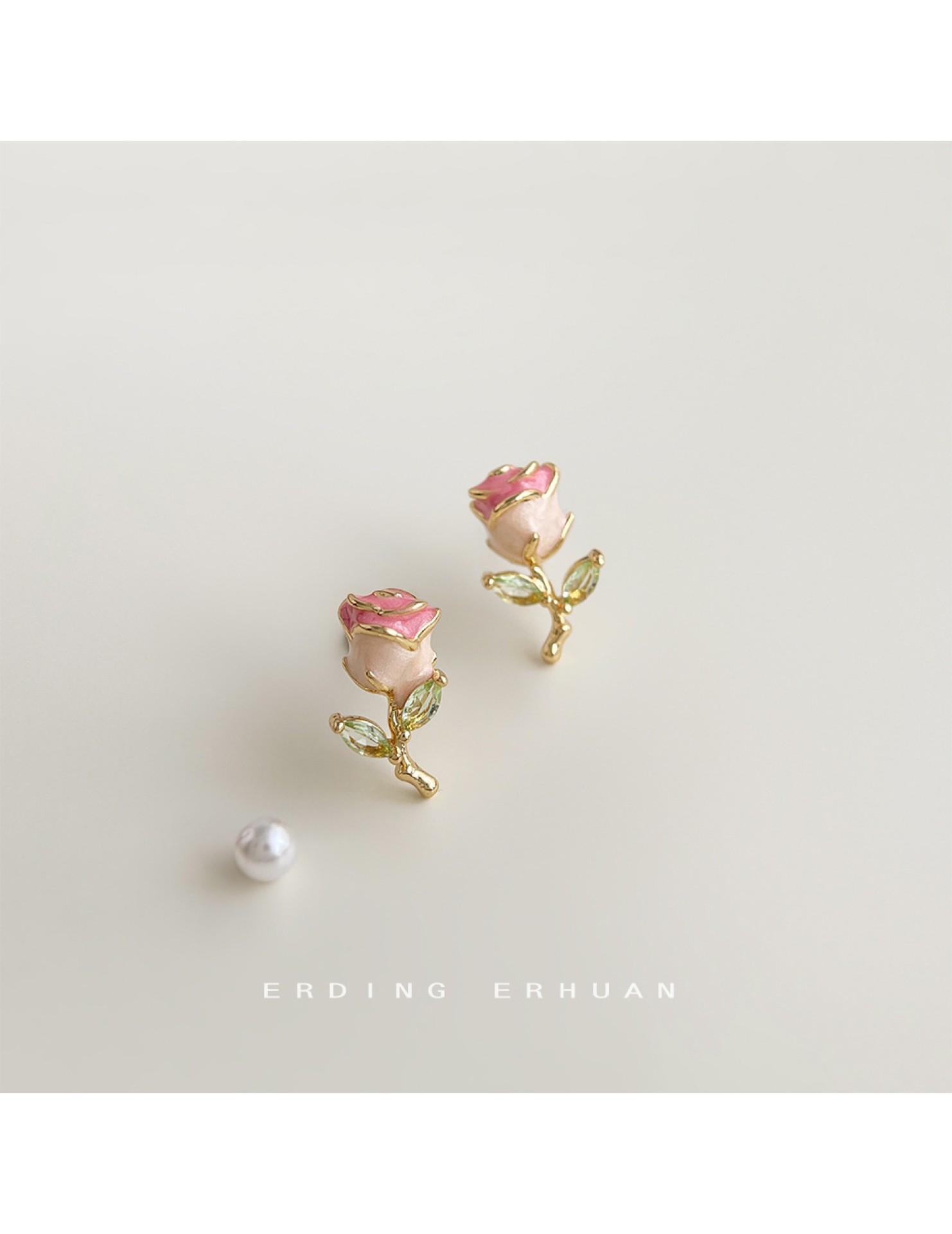 HELN124100015 ~小清新925銀針琺瑯滴釉質感微鑲鋯石小巧玫瑰花耳釘